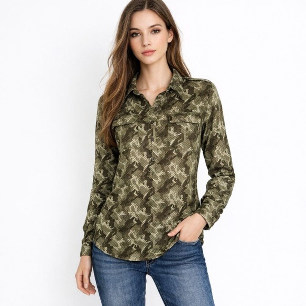 Tommy Hilfiger Camo Button Up Down Utility Shirt Y2K Streetwear Military Top M